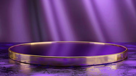 3D violet podium with gold rim, luxurious purple table and bokeh backdrop for product display and showroom showcaseの素材