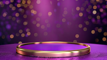 Elegant violet podium with gold rim on purple table, luxurious bokeh background for product display and mockupの素材