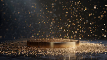 Elegant 3D gold podium on dark backdrop with sparkling glitter, ideal for high-end product display and mockupの素材