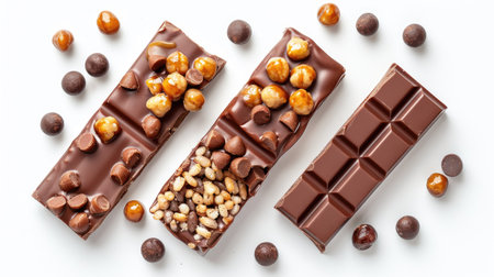 Closeup top view of a cut chocolate bar with crispy wafers, rice balls, and caramel, isolated on white background, ideal for pastry shop visualsの素材
