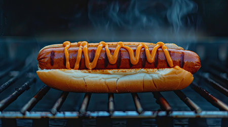Hotdog on BBQ grill, served in a half-sliced bun, isolated on white background with ample copy space, great for food-related visualsの素材