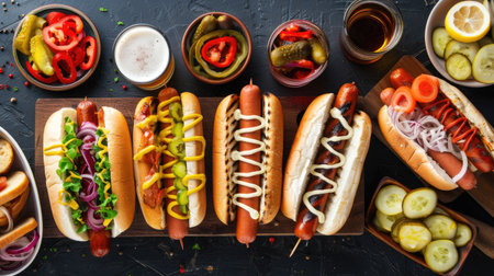 Homemade hot dogs arranged on a cutting board, with different varieties and beer glasses, viewed from aboveの素材