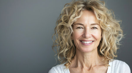 Studio headshot of a mature blond woman with curly hair and a sparkling smile, promoting dental services and insurance cover, ideal for midlife and older demographicsの素材
