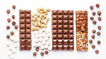 Top view of a chocolate bar split into halves, showing crispy wafers, rice balls, and caramel on white background, great for pastry shop conceptの素材