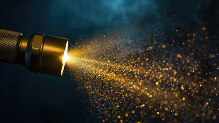 Magical flashlight with golden beams, spark and glitter, bright rays of light and shine highlighting dark night backgroundの素材