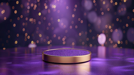 Violet podium with gold rim on purple table, luxury bokeh background for product display, mockup, and showcaseの素材