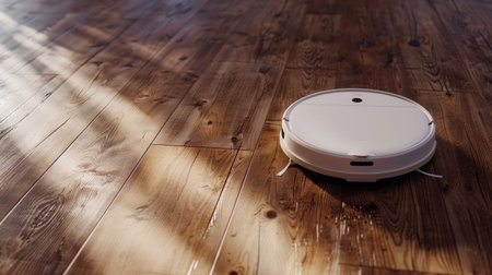 White robot vacuum cleaner in action on laminate wood floor, scanning and mapping surroundings to enhance cleaning efficiency, technology conceptの素材