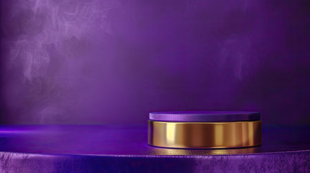 Violet podium with gold rim on purple table, luxury bokeh background for product display, mockup, and showcaseの素材