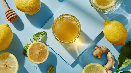 Antioxidant drink with ginger, lemon, and honey on a minimalist blue podium, balanced aesthetic, top viewの素材