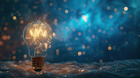 Concept of innovation with light bulb and starry night sky, blue tone, soft focus, creative ideasの素材