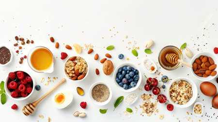 Healthy breakfast flat lay: muesli, fruits, berries, nuts, coffee, eggs, honey, oats on white background, top view, copy spaceの素材