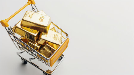 Gold bars in a shopping trolley, concept of secure investment and high demand purchasing, top view, white backgroundの素材