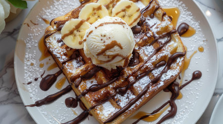 Honey toast with vanilla ice cream, chocolate sauce, banana slices, whipped cream on marble table, top viewの素材