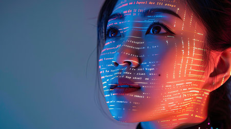 Portrait of Asian woman coding with lines of code on face, startup entrepreneur in AI e-commerce, big dataの素材