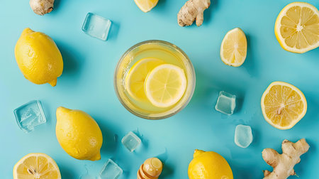 Refreshing ginger lemon honey drink on a trendy blue background with minimalist podium, balanced view from topの素材