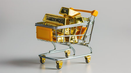 Mini shopping trolley with gold bars, representing investment security and trading demand, white backgroundの素材