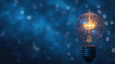 Light bulb glowing under a starry night sky, blue tone, concept of creative ideas and innovation, soft focusの素材
