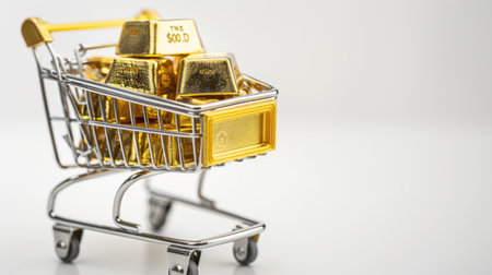 Miniature shopping trolley with gold bars, investment security, high demand trading, white backgroundの素材