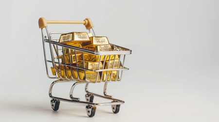 Shopping cart filled with gold bars, symbolizing secure investments and high demand trading, white backgroundの素材