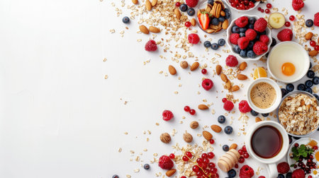 Top view frame: muesli, fruits, berries, nuts, coffee, eggs, honey, oats on white background, healthy breakfast, copy spaceの素材