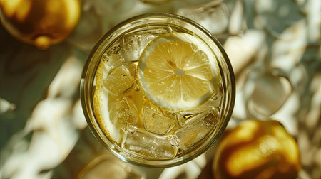 Top-down view of lemon soda on ice with honey, served in a glass, refreshing and sweet drinkの素材