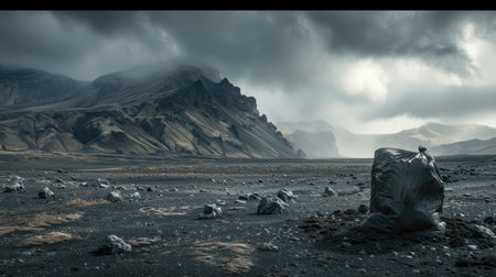 Stormy Icelandic landscape with windbag and dark mountains, concept of creative business ideas and challengesの素材