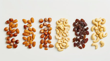 Assortment of almonds, hazelnuts, peanuts, cashews, candied fruit, and raisins, isolated on plain backgroundの素材