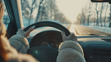 Close-up of female driver hands on wheel, view from the back seat to the road, clear weatherの素材