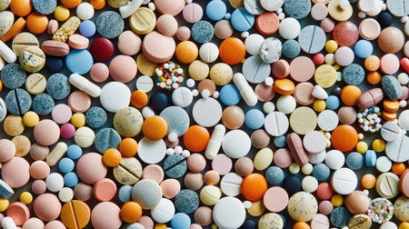 Close-up of a mix of pills--antipyretics, painkillers, antibiotics--scattered on a table, background with ample copy spaceの素材