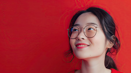 Cute and attractive Asian person with a cheerful expression, background with ample space for text or promotional useの素材