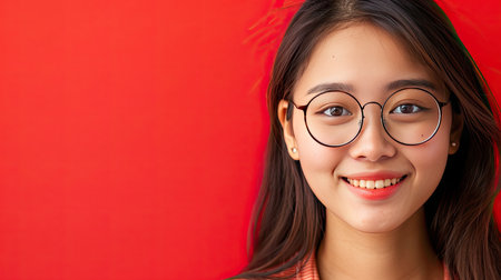Cute and attractive Asian person with a cheerful expression, background with ample space for text or promotional useの素材