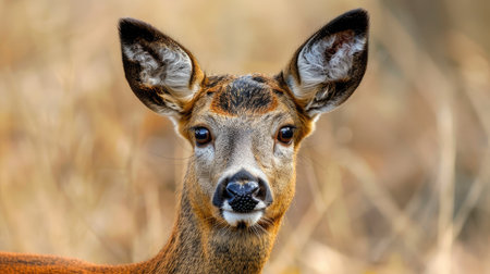 European roe deer female, very close-up head shot, eye-to-eye contact in a field, natural settingの素材