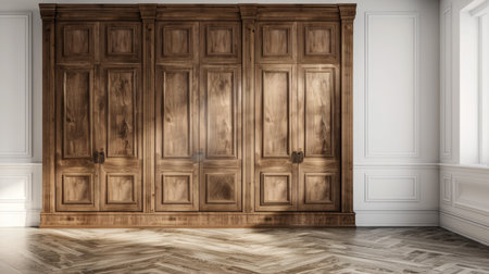 Elegant wood dressing closet, front doorway entrance, and white wall with ample copy space in the room for text or adsの素材