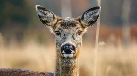 Intimate close-up of a female roe deer's face, eye-to-eye contact, field background, serene expressionの素材