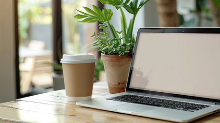 Laptop with blank white screen, paper coffee cup, and small houseplant on wooden table, close-up shotの素材