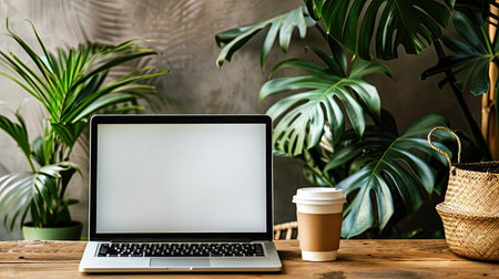 Laptop with white screen, paper cup of coffee, houseplant on wooden table, close-up, modern workspaceの素材