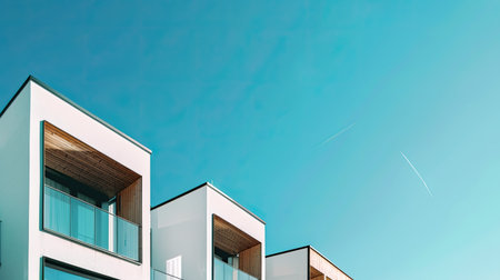 Row of newly finished modern houses under a clear blue sky, with ample background copy space for text or adsの素材