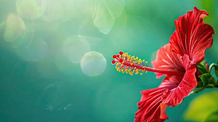 Red hibiscus close-up, yellow pollen, green background, macro side view, free advertising spaceの素材