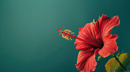 Macro of red hibiscus flower, yellow pollen, isolated on green background, side view, ad spaceの素材