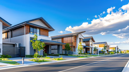 Modern houses recently completed, lined up with a blue sky backdrop, ideal for copy space or marketing contentの素材