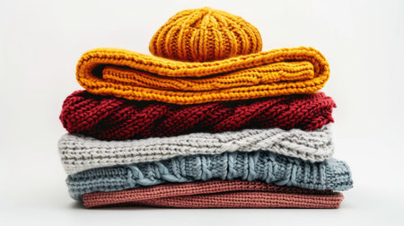 Pile of neatly folded knitted women clothing in various autumn and winter colors, white backgroundの素材