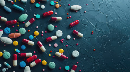 Scattered pills in different colors and shapes on a table, close-up of antipyretics, painkillers, antibiotics, and background with copy spaceの素材