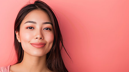 Pretty Asian person looking charmingly at the camera, with background space for copy or marketing textの素材