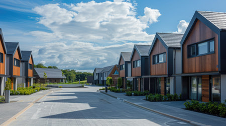 Recently completed row of modern houses, blue sky background, with clean and clear space for advertisement or copyの素材