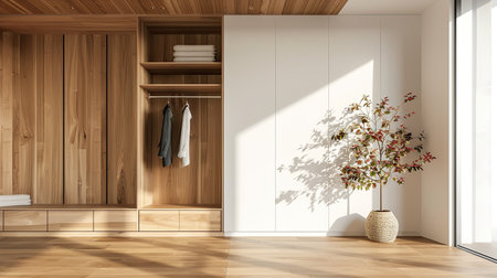 Wood dressing closet and front entrance in a room, white wall with ample area for text or marketing, clean and simple backdropの素材
