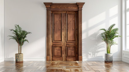 Wood dressing closet and front doorway in a room, white wall with clean background, perfect for copy space or advertisementの素材