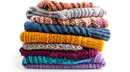 Stack of colorful folded women knitted clothes, including winter and autumn items, isolated on whiteの素材