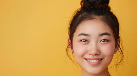 Smiling Asian person with a cute and pretty look, background with clear area for promotional text or adsの素材