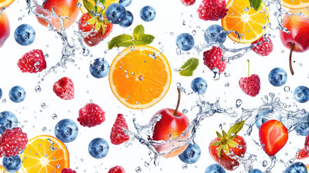 Assorted fresh fruits and water splash in mid-fall, forming a seamless pattern on a white backgroundの素材