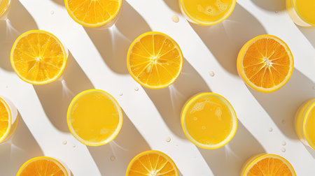 Freshly squeezed orange juice in a glass, isolated against a white backdrop, forming a seamless patternの素材